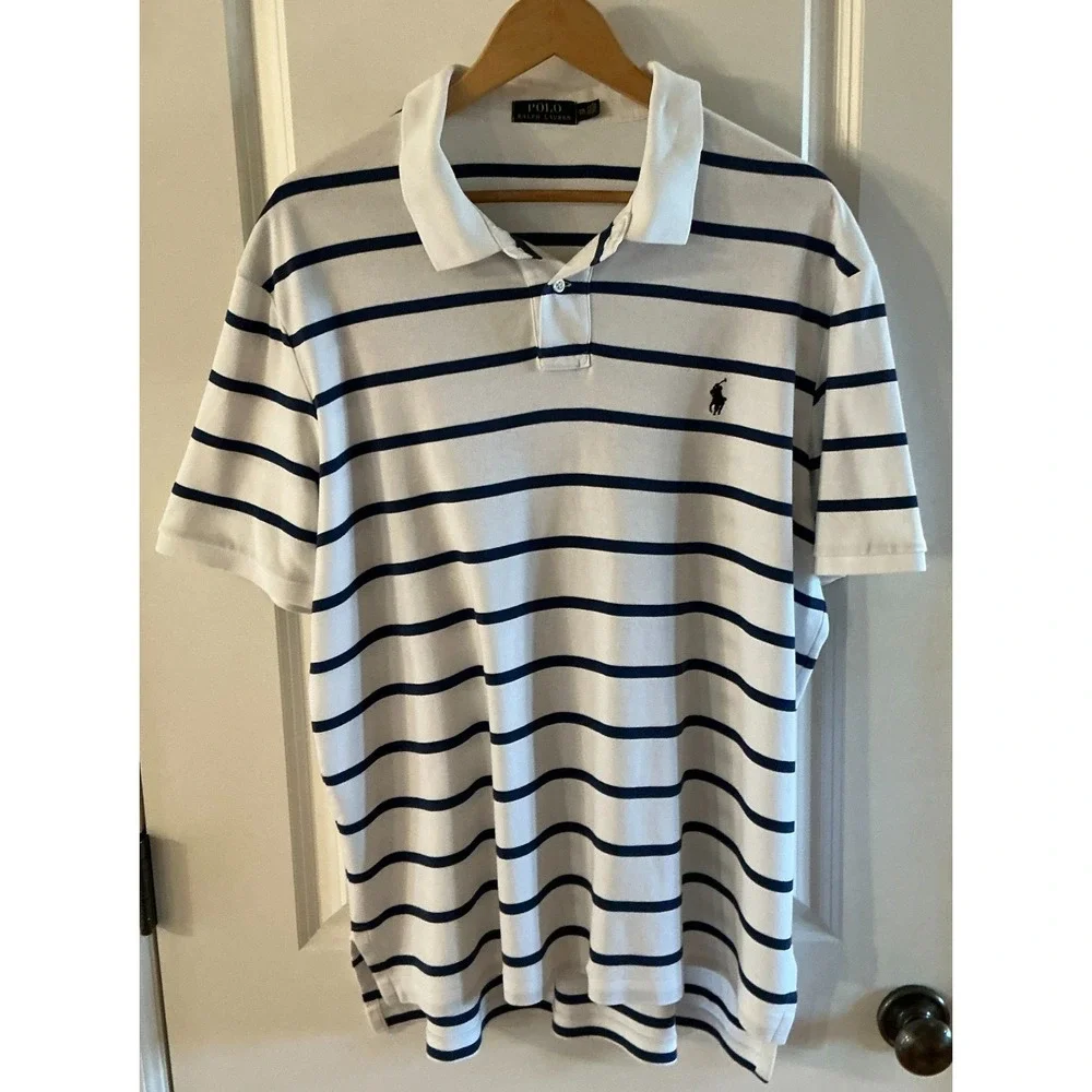 Polo Ralph Lauren Striped Polo Shirt Men's XXL Blue White Cotton Short‎ Sleeve